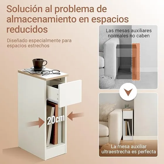 SoBuy estrecha 20 cm, mesita de noche blanco de mdf y tablero de partículas clase e1 — imagen 4 de 6