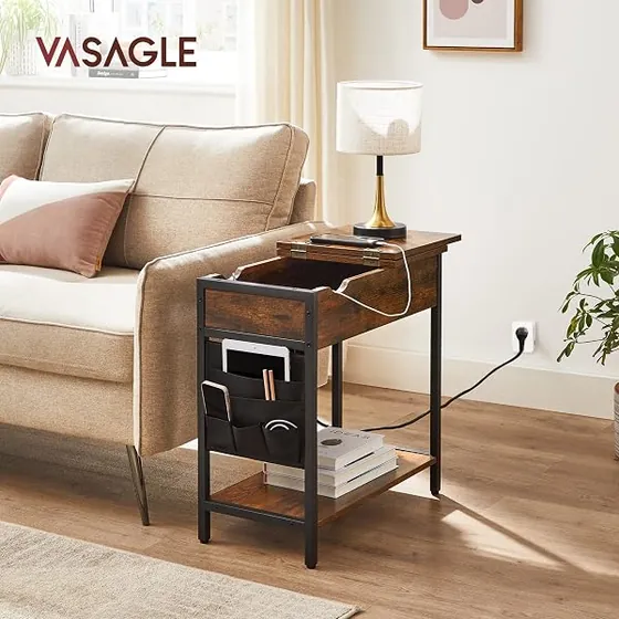 VASAGLE multienchufe con bolsas, mesita de noche marrón rústico + negro de tablero de madera de ingeniería sobre acero — imagen 2 de 6