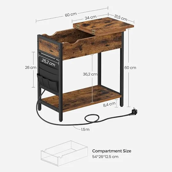 VASAGLE multienchufe con bolsas, mesita de noche marrón rústico + negro de tablero de madera de ingeniería sobre acero — imagen 3 de 6