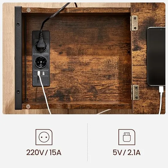 VASAGLE multienchufe con bolsas, mesita de noche marrón rústico + negro de tablero de madera de ingeniería sobre acero — imagen 6 de 6