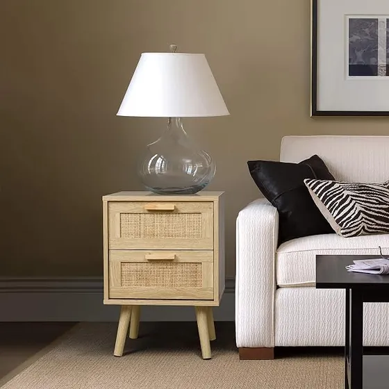 Finnhomy ratán (pack 2), mesita de noche ratán de madera con frentes de ratán natural tejido — imagen 2 de 6