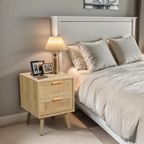 Finnhomy ratán (pack 2), mesita de noche ratán de madera con frentes de ratán natural tejido — imagen 4 de 6
