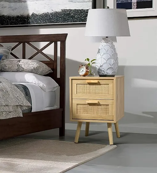 Finnhomy ratán (pack 2), mesita de noche ratán de madera con frentes de ratán natural tejido — imagen 5 de 6