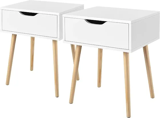 Yaheetech nórdica (pack 2), mesita de noche blanco de mdf con certificación e1 y patas de madera maciza