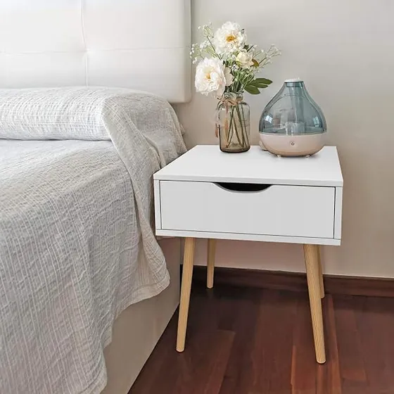 Yaheetech nórdica (pack 2), mesita de noche blanco de mdf con certificación e1 y patas de madera maciza — imagen 2 de 6