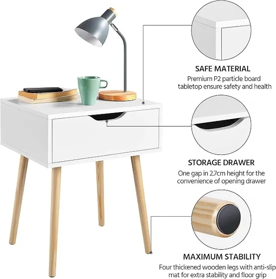 Yaheetech nórdica (pack 2), mesita de noche blanco de mdf con certificación e1 y patas de madera maciza — imagen 5 de 6