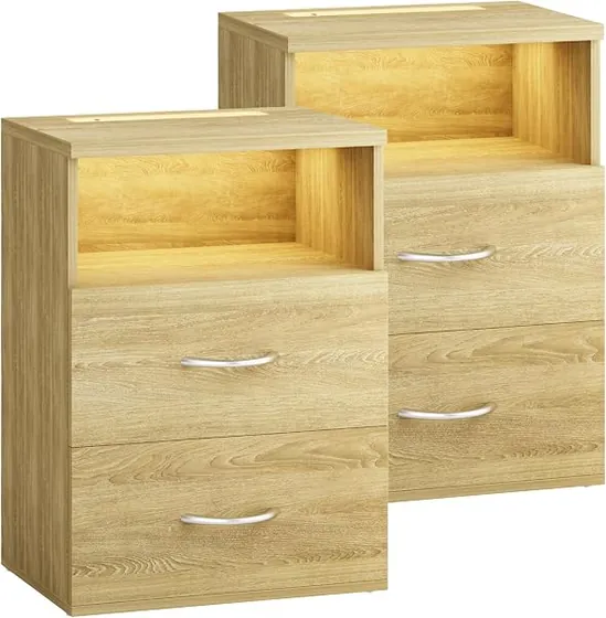 CASARIA Jamie luz táctil (pack 2), mesita de noche roble de tablero de madera de ingeniería en acabado roble