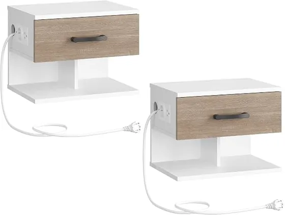HOOBRO suspendidas con carga (pack 2), mesita de noche blanco y gris de aglomerado de alta calidad