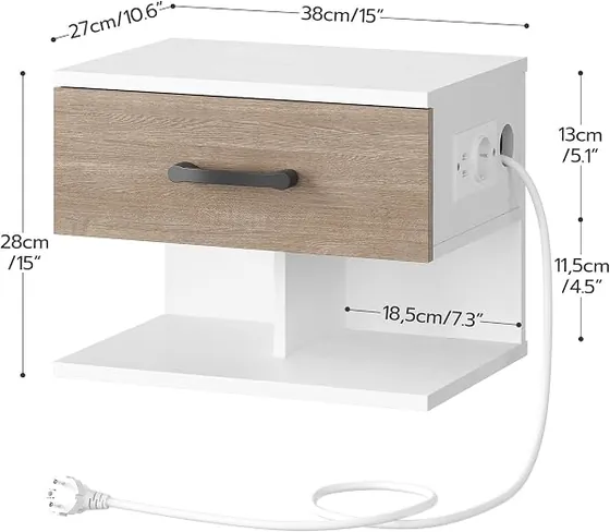 HOOBRO suspendidas con carga (pack 2), mesita de noche blanco y gris de aglomerado de alta calidad — imagen 3 de 6