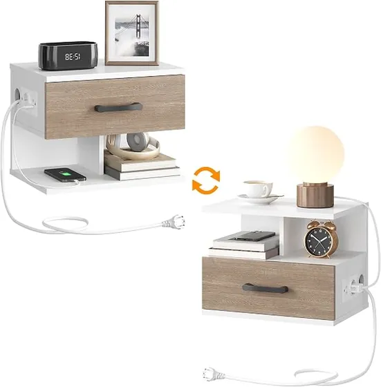 HOOBRO suspendidas con carga (pack 2), mesita de noche blanco y gris de aglomerado de alta calidad — imagen 6 de 6