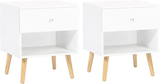 IDMarket Emmie (pack 2), mesita de noche blanco de tablero de partículas de 15 mm con patas de madera