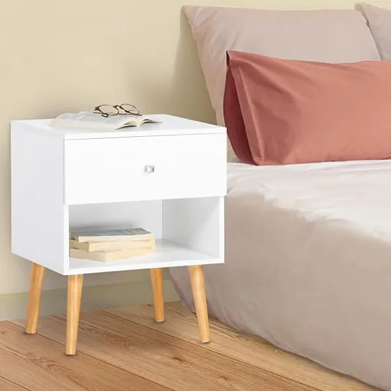 IDMarket Emmie (pack 2), mesita de noche blanco de tablero de partículas de 15 mm con patas de madera — imagen 2 de 6
