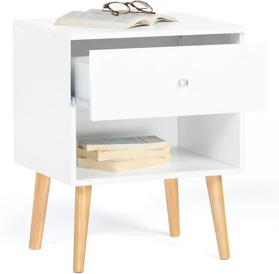 IDMarket Emmie (pack 2), mesita de noche blanco de tablero de partículas de 15 mm con patas de madera — imagen 4 de 6