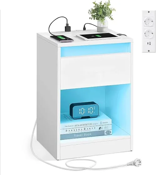 VASAGLE KAILYN carga y LED, mesita de noche blanco nube de tablero de partículas y mdf